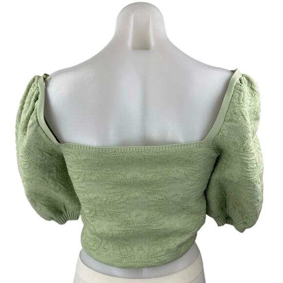 ZARA Light Green Jacquard Knit Short Puff Sleeve Square Neck Crop Blouse Top S - Picture 2 of 4